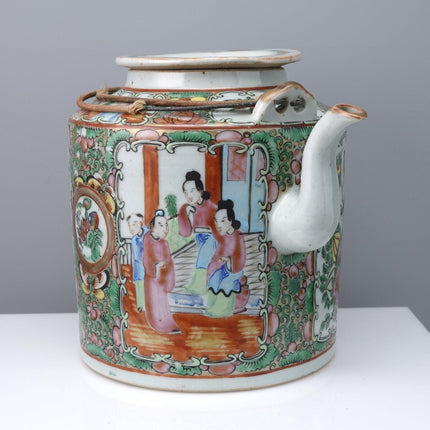 c1860 Chinese Export Famille Rose Medallion Teapot with original cloth covered w - Estate Fresh Austin