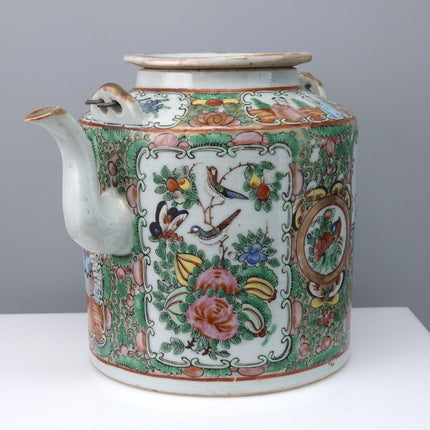 c1860 Chinese Export Famille Rose Medallion Teapot with original cloth covered w - Estate Fresh Austin