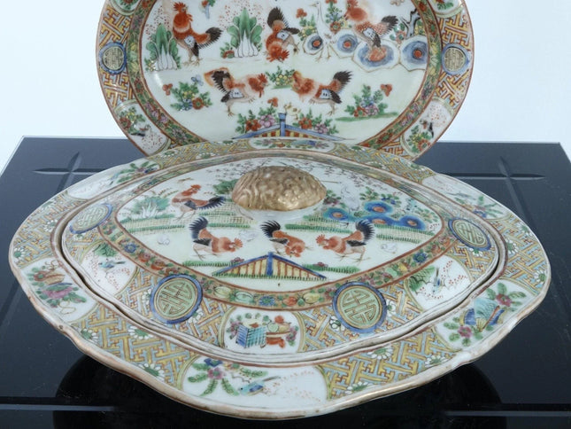 c1860 Chinese Famille Chicken Cockerel Serving Pieces - Estate Fresh Austin