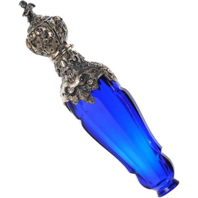 c1860 French Cobalt blue cut glass perfume with ornate silver mounting - Estate Fresh Austin