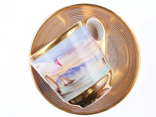 c1860 Large French Presentation Hand Painted Sailboats Cup and Saucer "A Gift" O - Estate Fresh Austin