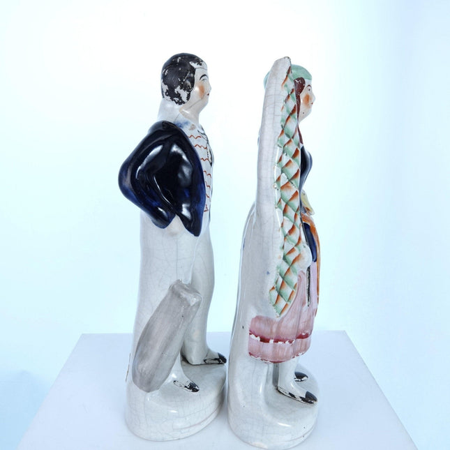 c1860 Staffordshire Figures Man and Woman Holding Flags Pair - Estate Fresh Austin