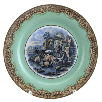 c1860 Staffordshire Prattware Teapot Stand and Plate with Cattle Farm Scene - Estate Fresh Austin