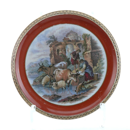 c1860 Staffordshire Prattware Teapot Stand and Plate with Cattle Farm Scene - Estate Fresh Austin