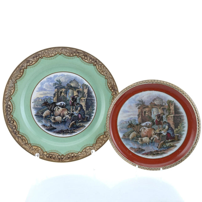 c1860 Staffordshire Prattware Teapot Stand and Plate with Cattle Farm Scene - Estate Fresh Austin