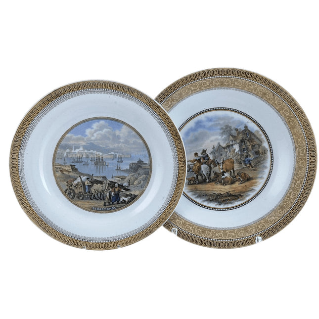 c1860 Staffordshire Prattware Transferware Plates Sebastopol and 123 Cattle Scen - Estate Fresh Austin