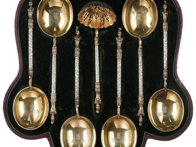 c1867 Heavy Armorial Sterling spoon set in presentation box - Estate Fresh Austin