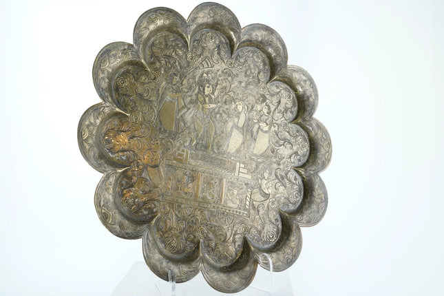 c1870 16" Antique Hand Engraved Brass Hindu Tray - Estate Fresh Austin