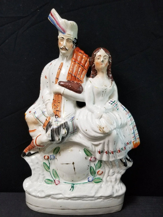 c1870 Antique Staffordshire Figure Highlander Couple with Clock 14" x 9" wide - Estate Fresh Austin