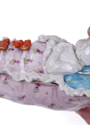 c1870 European porcelain Covered dish with baby in crib - Estate Fresh Austin