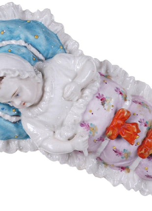 c1870 European porcelain Covered dish with baby in crib - Estate Fresh Austin