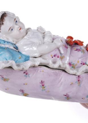 c1870 European porcelain Covered dish with baby in crib - Estate Fresh Austin