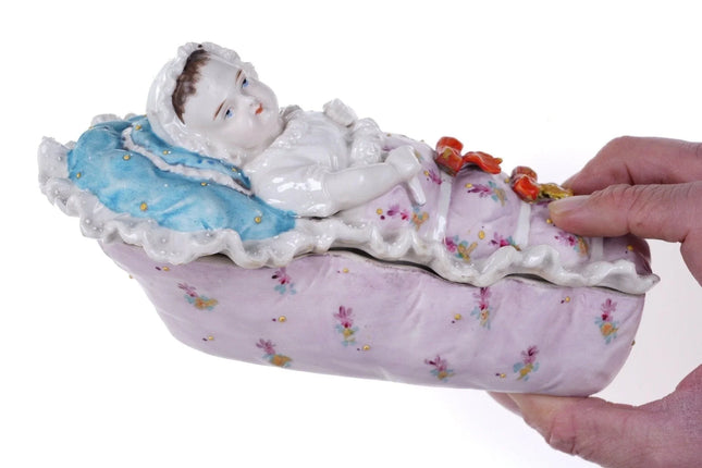 c1870 European porcelain Covered dish with baby in crib - Estate Fresh Austin