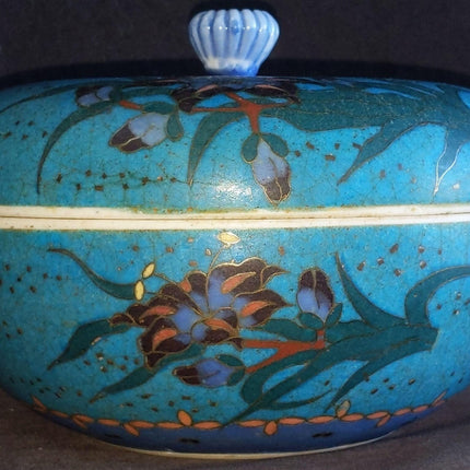 c1870 Japanese Cloisonne Over Blue/White Porcelain Covered Box 6.25" wide x 4.5" - Estate Fresh Austin