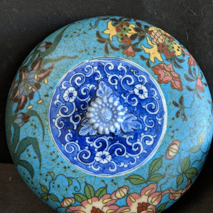 c1870 Japanese Cloisonne Over Blue/White Porcelain Covered Box 6.25" wide x 4.5" - Estate Fresh Austin