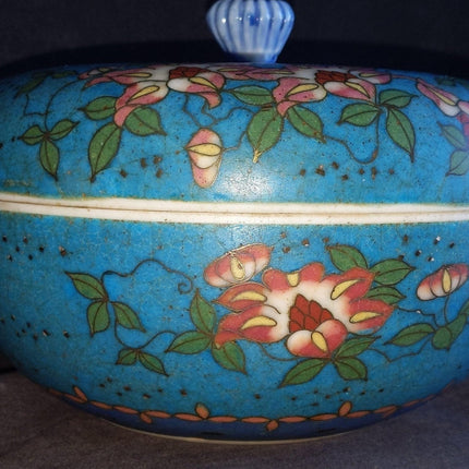 c1870 Japanese Cloisonne Over Blue/White Porcelain Covered Box 6.25" wide x 4.5" - Estate Fresh Austin