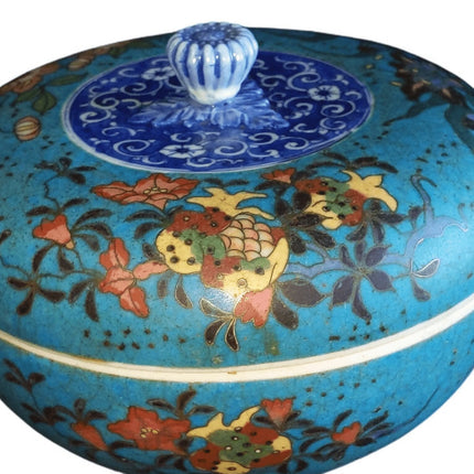 c1870 Japanese Cloisonne Over Blue/White Porcelain Covered Box 6.25" wide x 4.5" - Estate Fresh Austin