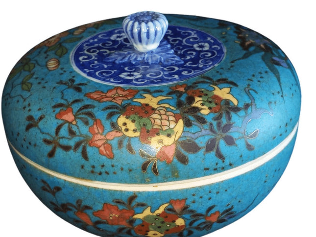 c1870 Japanese Cloisonne Over Blue/White Porcelain Covered Box 6.25" wide x 4.5" - Estate Fresh Austin