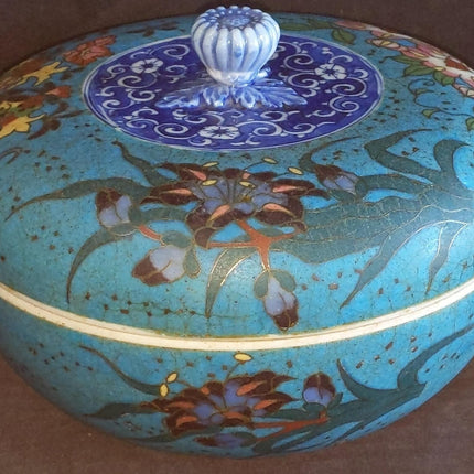 c1870 Japanese Cloisonne Over Blue/White Porcelain Covered Box 6.25" wide x 4.5" - Estate Fresh Austin