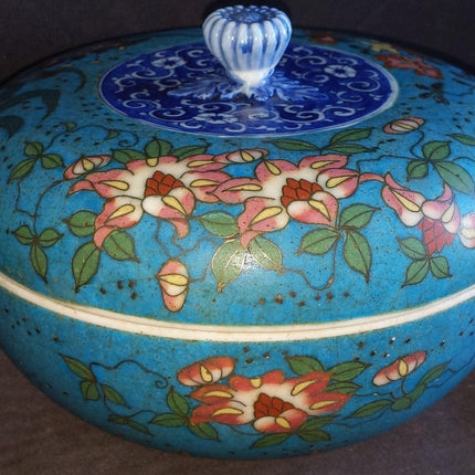 c1870 Japanese Cloisonne Over Blue/White Porcelain Covered Box 6.25" wide x 4.5" - Estate Fresh Austin