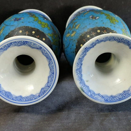 c1870 Japanese Cloisonne Over Blue/White Porcelain Vases Pair 8.5" Totai Shippo - Estate Fresh Austin