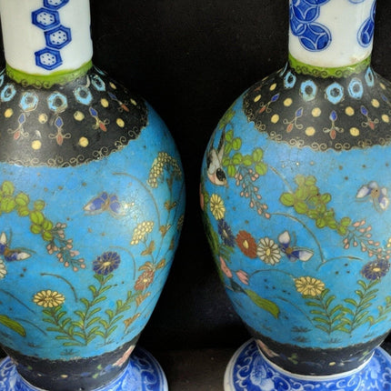 c1870 Japanese Cloisonne Over Blue/White Porcelain Vases Pair 8.5" Totai Shippo - Estate Fresh Austin