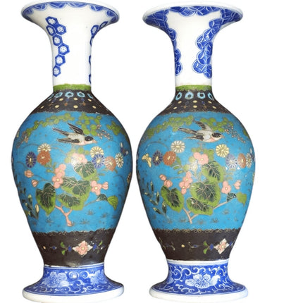 c1870 Japanese Cloisonne Over Blue/White Porcelain Vases Pair 8.5" Totai Shippo - Estate Fresh Austin