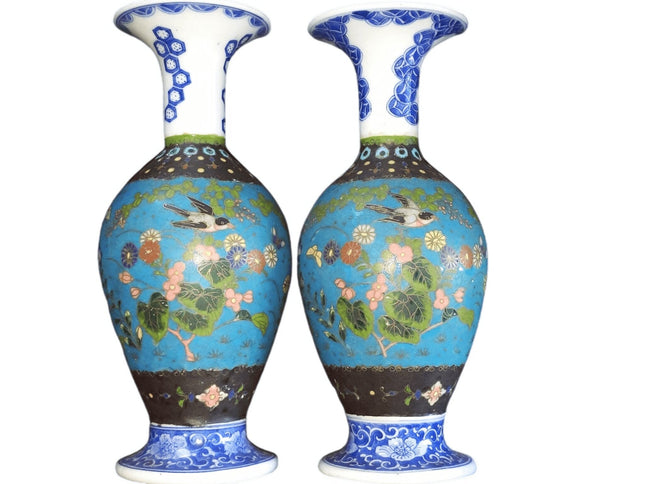 c1870 Japanese Cloisonne Over Blue/White Porcelain Vases Pair 8.5" Totai Shippo - Estate Fresh Austin