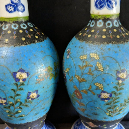 c1870 Japanese Cloisonne Over Blue/White Porcelain Vases Pair 8.5" Totai Shippo - Estate Fresh Austin