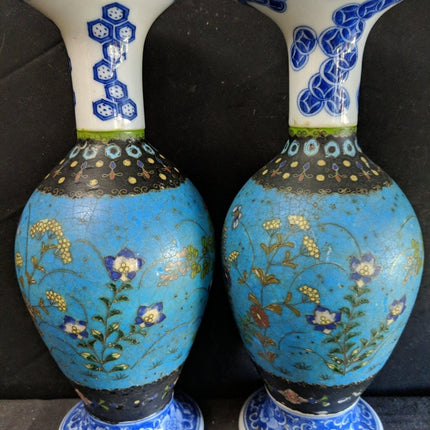 c1870 Japanese Cloisonne Over Blue/White Porcelain Vases Pair 8.5" Totai Shippo - Estate Fresh Austin