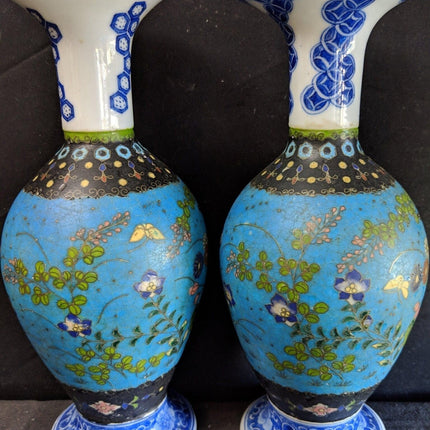 c1870 Japanese Cloisonne Over Blue/White Porcelain Vases Pair 8.5" Totai Shippo - Estate Fresh Austin