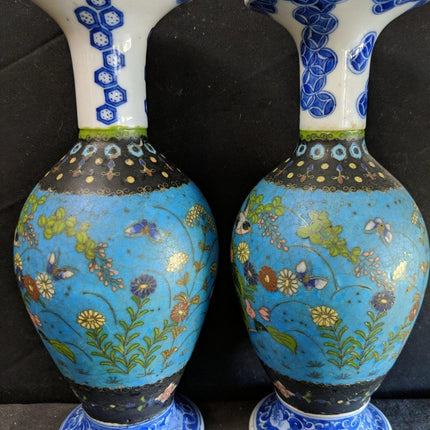 c1870 Japanese Cloisonne Over Blue/White Porcelain Vases Pair 8.5" Totai Shippo - Estate Fresh Austin