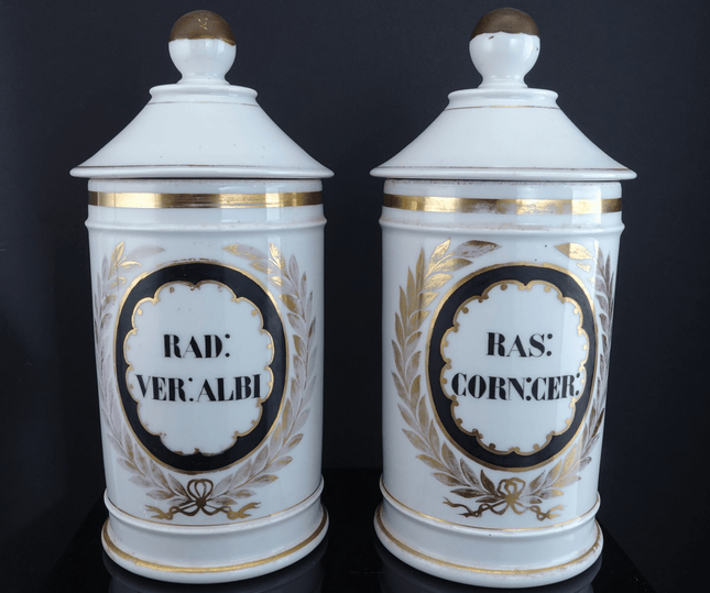 c1870 Old Paris Porcelain Apothecary Jars Pair - Estate Fresh Austin