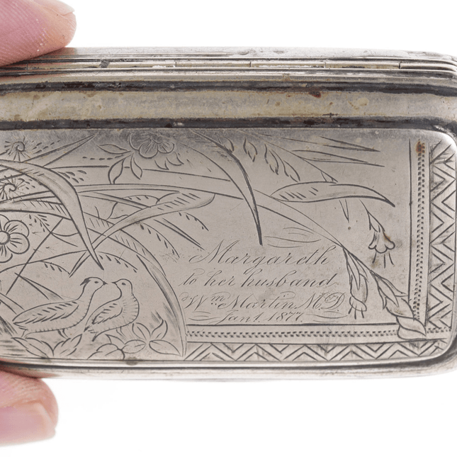 c1877 Engraved Quails Snuff Box with inscription - Estate Fresh Austin