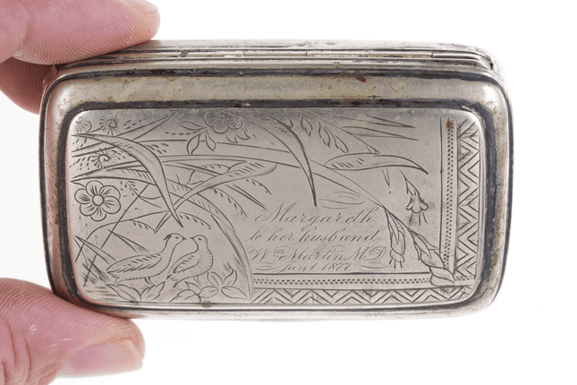 c1877 Engraved Quails Snuff Box with inscription - Estate Fresh Austin