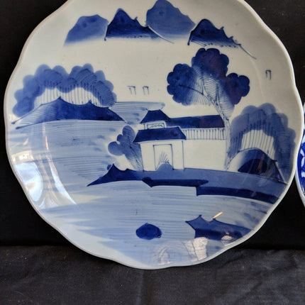 c1880 2 Japanese Blue/white Porcelain Chargers Hand Painted 10.75" & 11.25" - Estate Fresh Austin