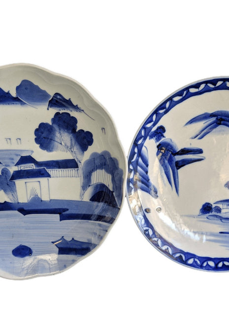 c1880 2 Japanese Blue/white Porcelain Chargers Hand Painted 10.75" & 11.25" - Estate Fresh Austin