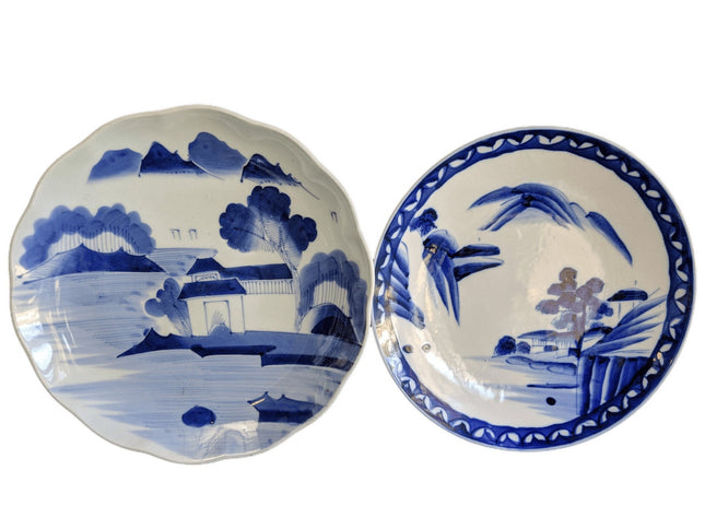 c1880 2 Japanese Blue/white Porcelain Chargers Hand Painted 10.75" & 11.25" - Estate Fresh Austin