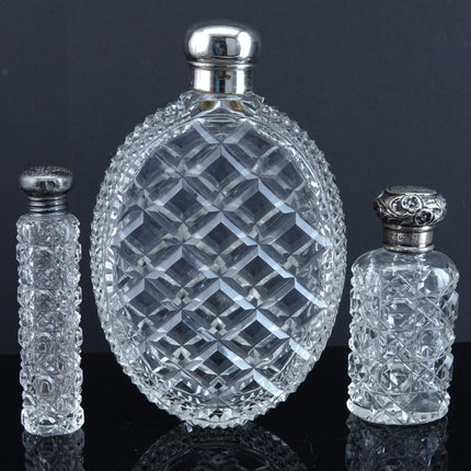 c1880 3 Cut Glass Perfume Bottles 2 with Sterling lids, one large flask - Estate Fresh Austin