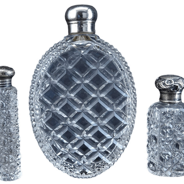 c1880 3 Cut Glass Perfume Bottles 2 with Sterling lids, one large flask - Estate Fresh Austin