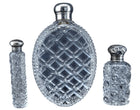 c1880 3 Cut Glass Perfume Bottles 2 with Sterling lids, one large flask - Estate Fresh Austin