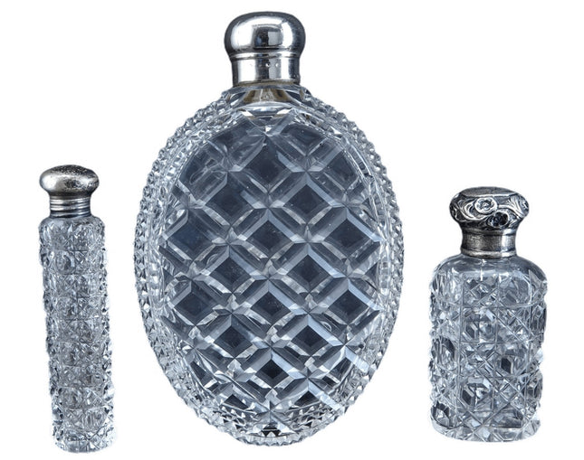 c1880 3 Cut Glass Perfume Bottles 2 with Sterling lids, one large flask - Estate Fresh Austin