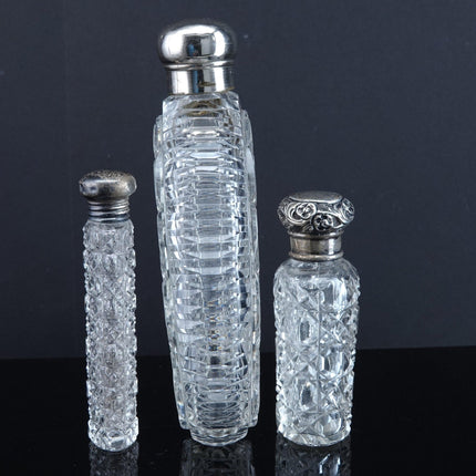 c1880 3 Cut Glass Perfume Bottles 2 with Sterling lids, one large flask - Estate Fresh Austin