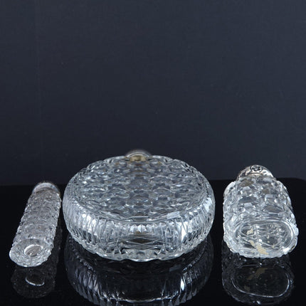 c1880 3 Cut Glass Perfume Bottles 2 with Sterling lids, one large flask - Estate Fresh Austin