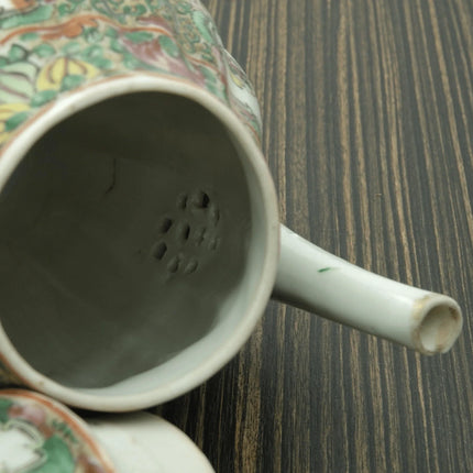 c1880 Antique Chinese Famille Rose Medallion Fluted Teapot - Estate Fresh Austin