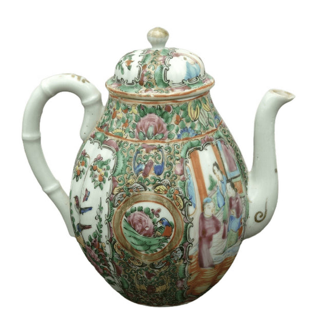 c1880 Antique Chinese Famille Rose Medallion Fluted Teapot - Estate Fresh Austin