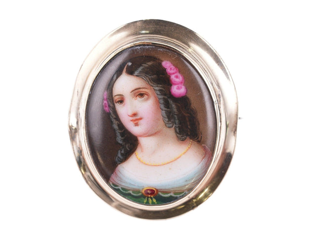 c1880 Antique Miniature Hand Painted porcelain plaque brooch pin - Estate Fresh Austin