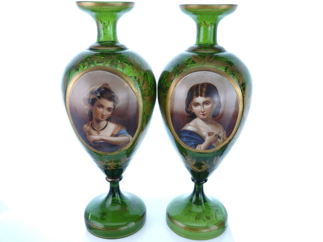 c1880 Antique Moser Portrait Urns Pair - Estate Fresh Austin