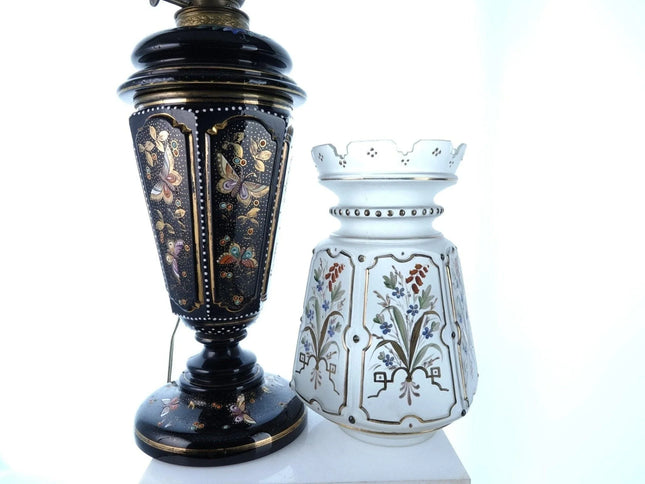 c1880 Bohemian black glass Hand Enameled Butterflies Electrified Oil lamp - Estate Fresh Austin
