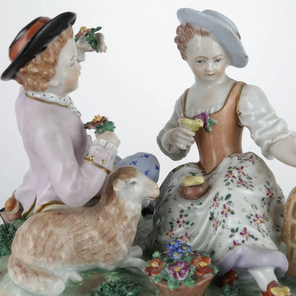 c1880 Dresden Figure Group Children with Lamb and Birdcage - Estate Fresh Austin